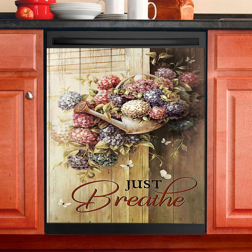 Beautiful Flowers White Butterfly Just Breathe Dishwasher Cover, Bible Verse Dishwasher Magnet Cover, Inspirational Kitchen Decor