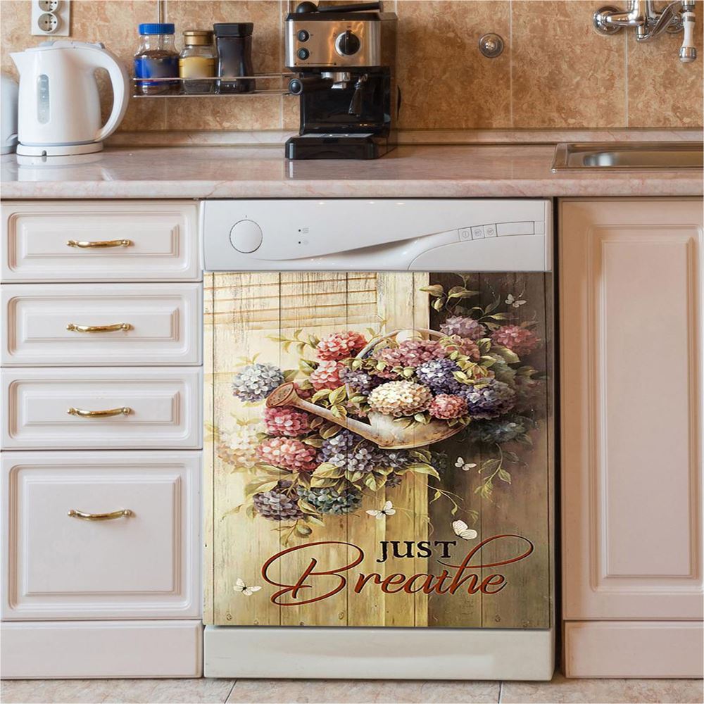 Beautiful Flowers White Butterfly Just Breathe Dishwasher Cover, Bible Verse Dishwasher Magnet Cover, Inspirational Kitchen Decor