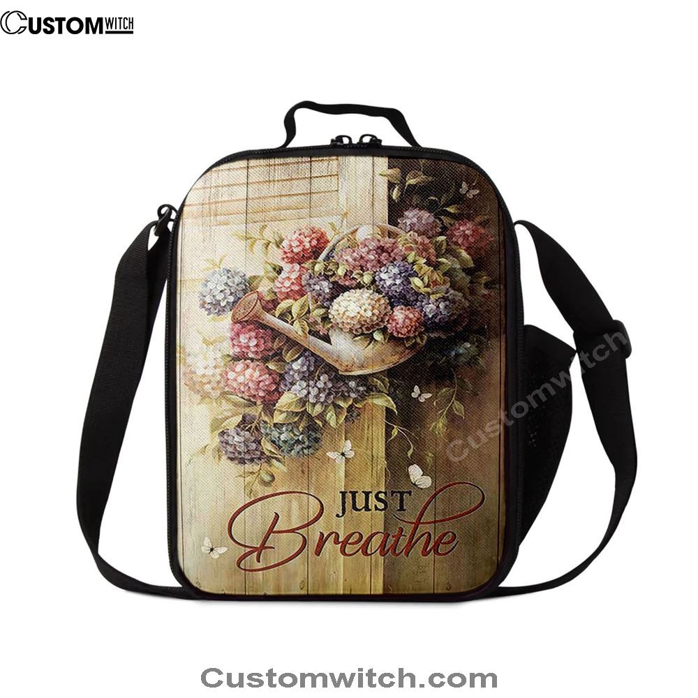 Beautiful Flowers White Butterfly Just Breathe Lunch Bag, Christian Lunch Bag For School, Picnic, Religious Lunch Bag