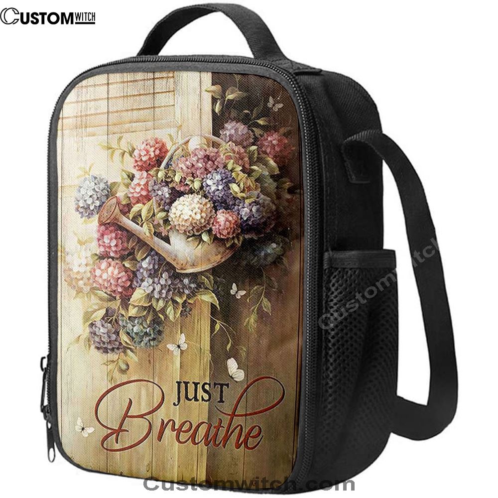Beautiful Flowers White Butterfly Just Breathe Lunch Bag, Christian Lunch Bag For School, Picnic, Religious Lunch Bag