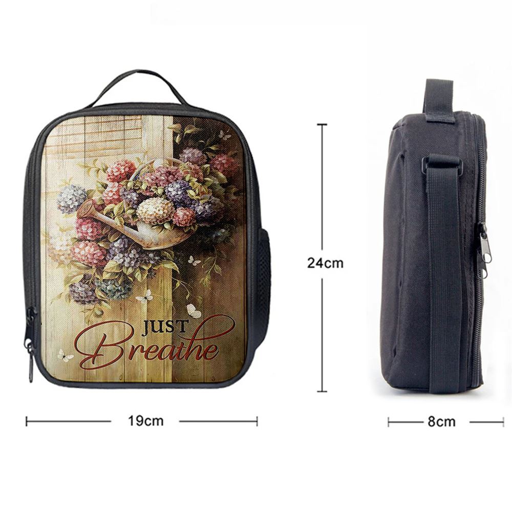 Beautiful Flowers White Butterfly Just Breathe Lunch Bag, Christian Lunch Bag For School, Picnic, Religious Lunch Bag