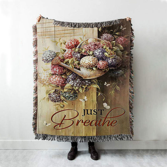 Beautiful Flowers White Butterfly Just Breathe Woven Throw Blanket - Bible Verse Woven Blanket Art - Inspirational Art - Christian Home Decor
