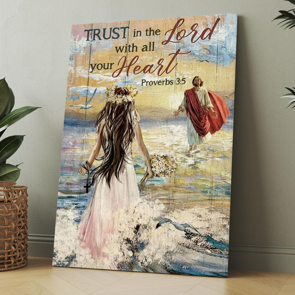 Beautiful Girl, Flower Crown, Ocean Waves, Trust In The Lord Canvas, Christmas Gift for Christian