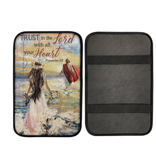 Beautiful Girl, Flower Crown, Ocean Waves, Trust In The Lord Car Center Console Cover, Car Armrest Pad, Christian Gift, Armrest Box Mat