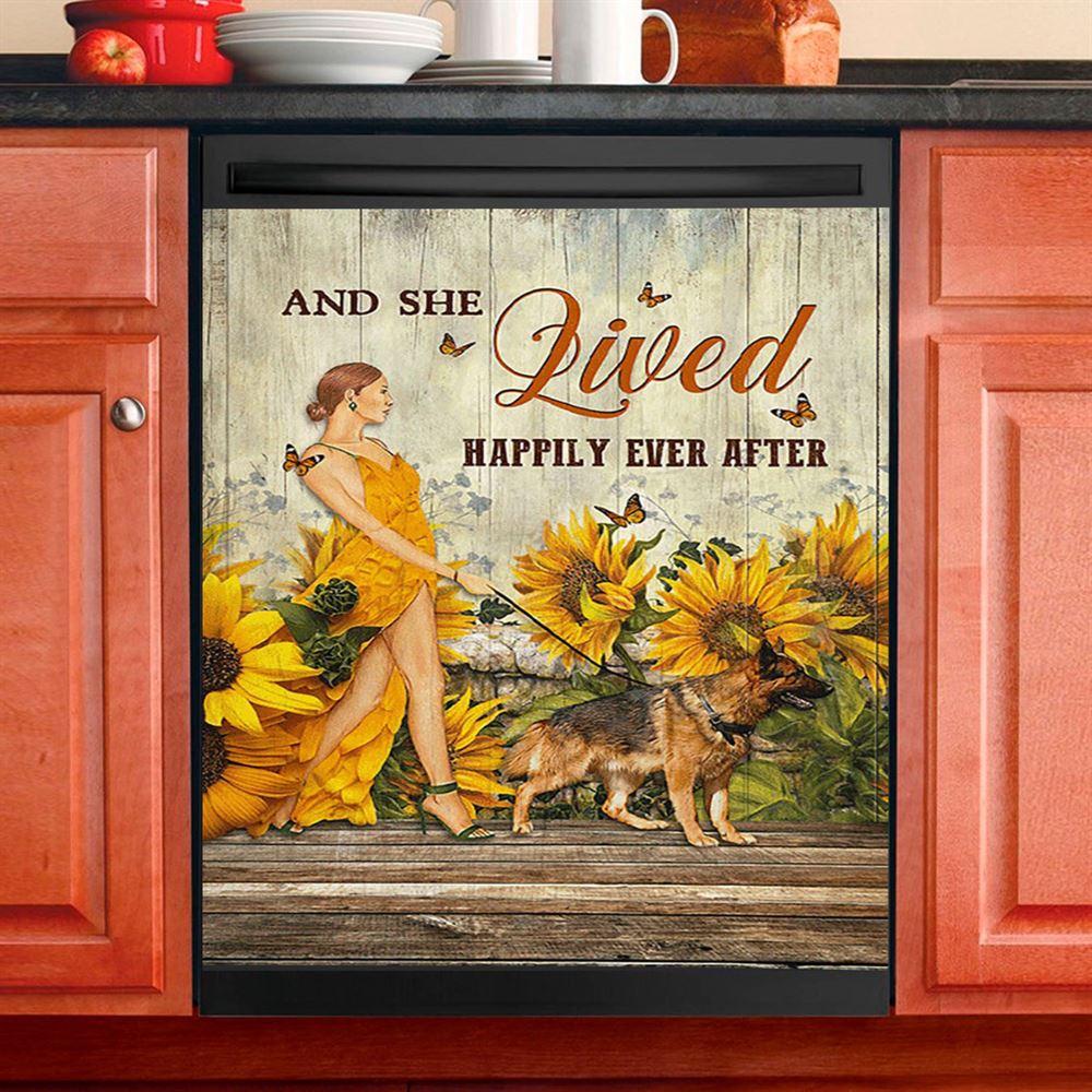 Beautiful Girl German Shepherd And She Lived Happily Dishwasher Cover, Christian Dishwasher Magnet Cover, Bible Verse Kitchen Decor