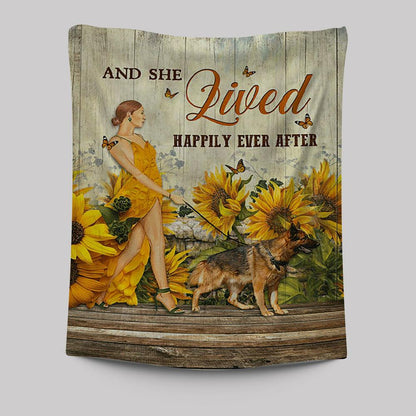 Beautiful Girl German Shepherd And She Lived Happily Tapestry Wall Art - Christian Tapestries Prints - Bible Verse Tapestry Art