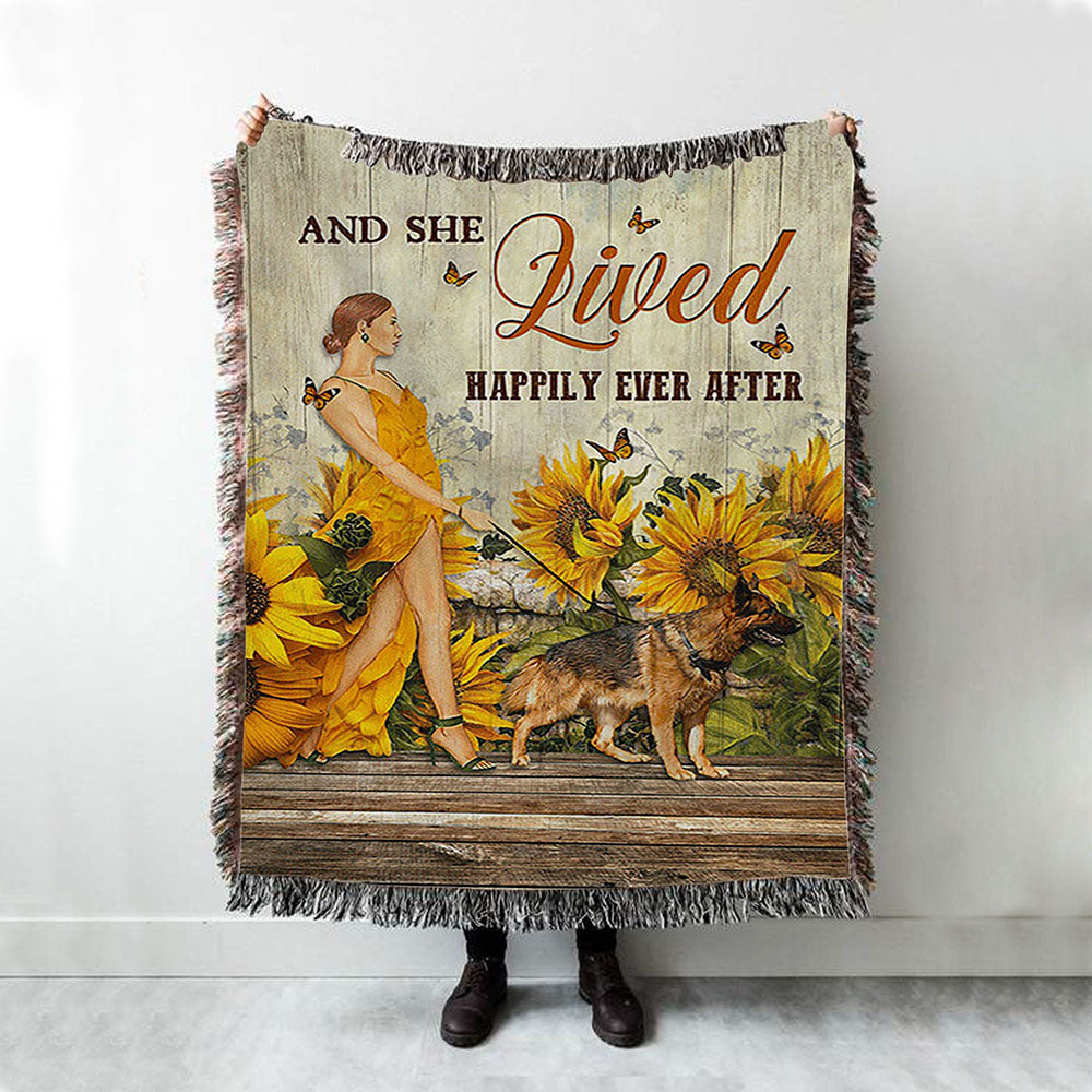 Beautiful Girl German Shepherd And She Lived Happily Woven Throw Blanket - Christian Woven Blanket Prints - Bible Verse Woven Blanket Art
