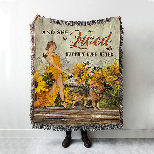 Beautiful Girl German Shepherd And She Lived Happily Woven Throw Blanket - Christian Woven Blanket Prints - Bible Verse Woven Blanket Art