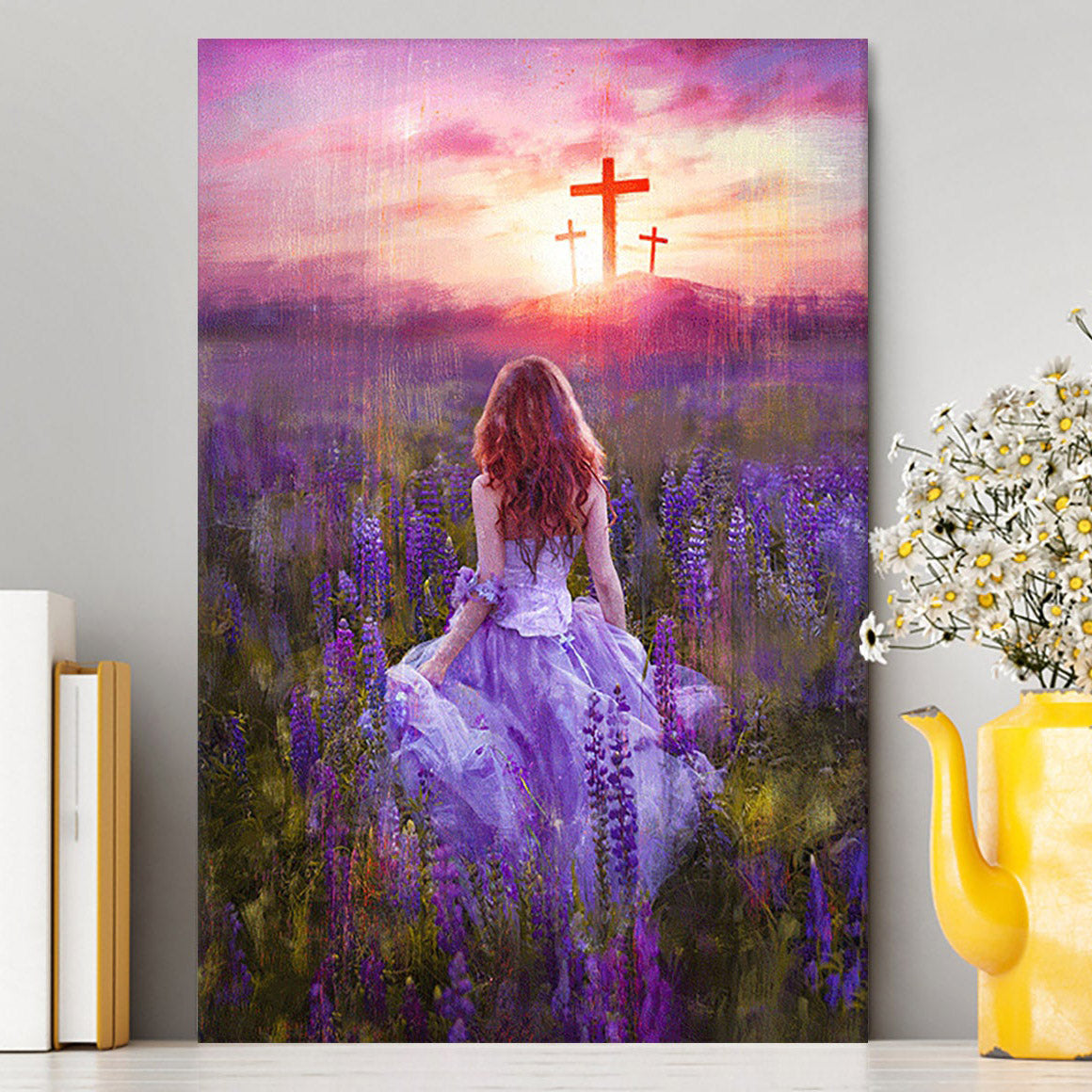 Beautiful Girl In The Lavender Field Cross Canvas Wall Art - Christian Canvas Prints - Bible Verse Canvas Art