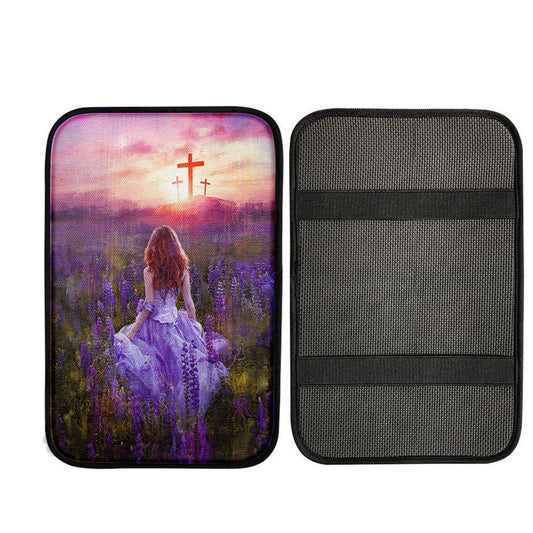 Beautiful Girl In The Lavender Field Cross Car Center Console Cover, Christian Car Armrest Cover