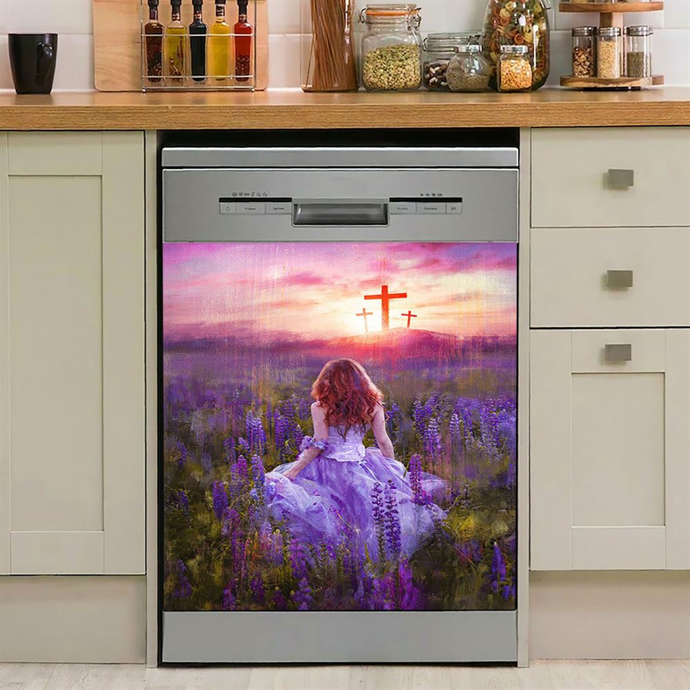 Beautiful Girl In The Lavender Field Cross Dishwasher Cover, Christian Dishwasher Magnet Cover, Bible Verse Kitchen Decor