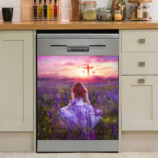 Beautiful Girl In The Lavender Field Cross Dishwasher Cover, Christian Dishwasher Magnet Cover, Bible Verse Kitchen Decor