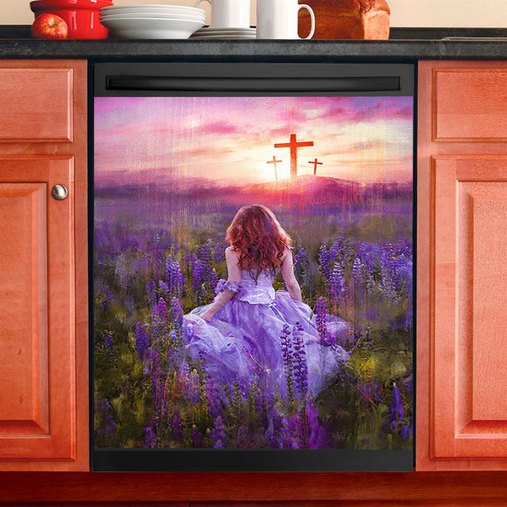 Beautiful Girl In The Lavender Field Cross Dishwasher Cover, Christian Dishwasher Magnet Cover, Bible Verse Kitchen Decor