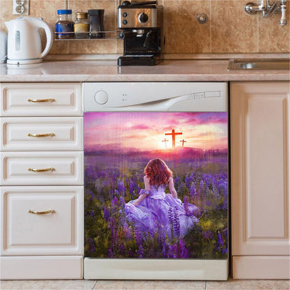 Beautiful Girl In The Lavender Field Cross Dishwasher Cover, Christian Dishwasher Magnet Cover, Bible Verse Kitchen Decor