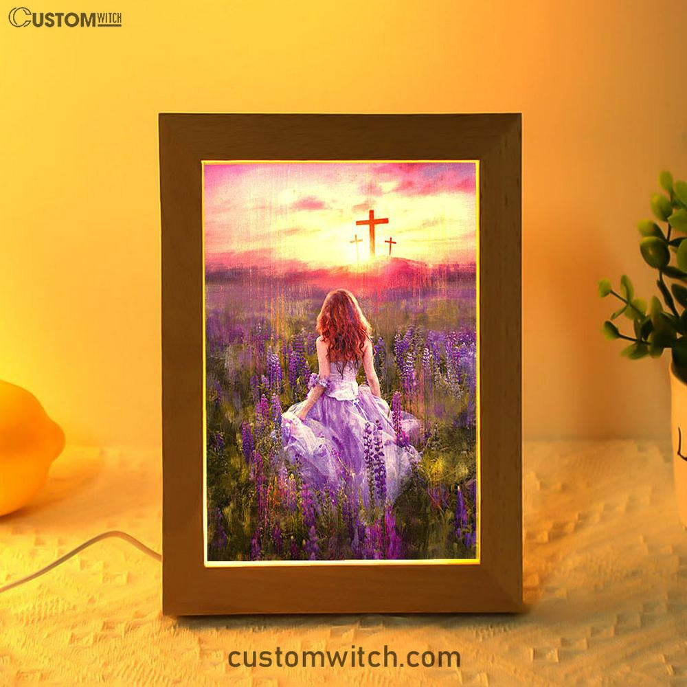Beautiful Girl In The Lavender Field Cross Frame Lamp Art - Christian Night Light - Bible Verse Wooden Lamp