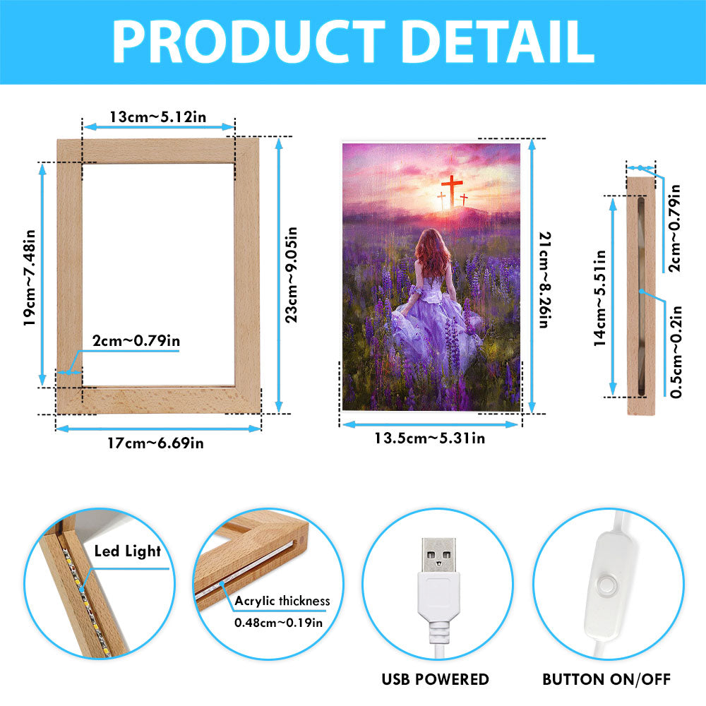 Beautiful Girl In The Lavender Field Cross Frame Lamp Art - Christian Night Light - Bible Verse Wooden Lamp