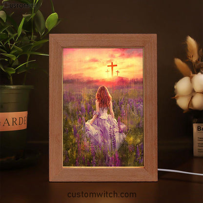Beautiful Girl In The Lavender Field Cross Frame Lamp Art - Christian Night Light - Bible Verse Wooden Lamp