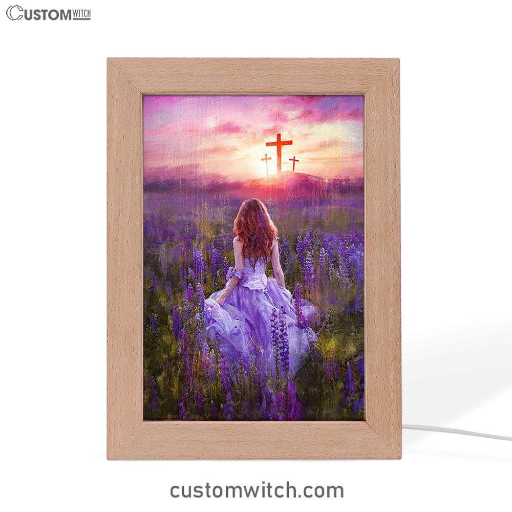 Beautiful Girl In The Lavender Field Cross Frame Lamp Art - Christian Night Light - Bible Verse Wooden Lamp