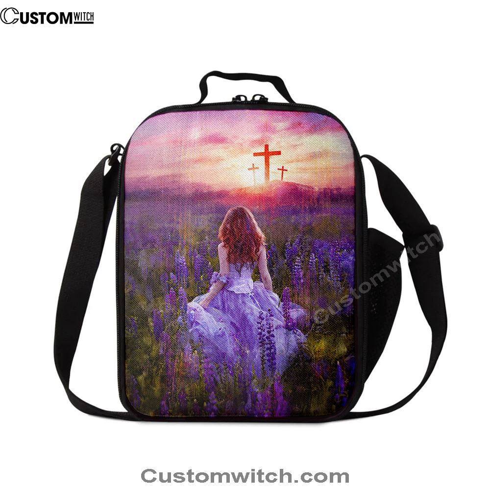 Beautiful Girl In The Lavender Field Cross Lunch Bag, Christian Lunch Bag For School, Picnic, Religious Lunch Bag