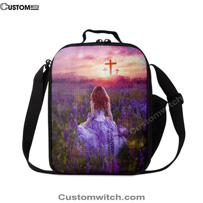 Beautiful Girl In The Lavender Field Cross Lunch Bag, Christian Lunch Bag For School, Picnic, Religious Lunch Bag