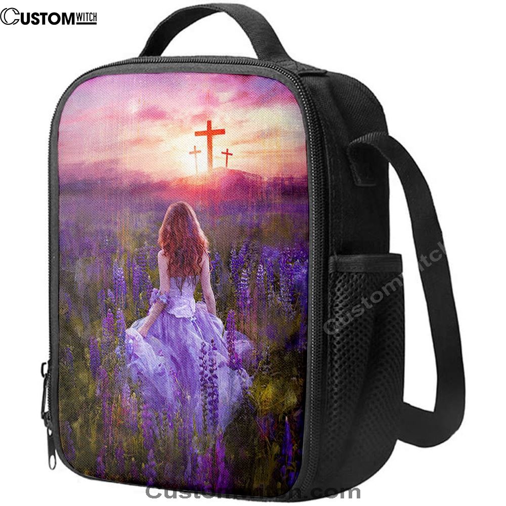 Beautiful Girl In The Lavender Field Cross Lunch Bag, Christian Lunch Bag For School, Picnic, Religious Lunch Bag