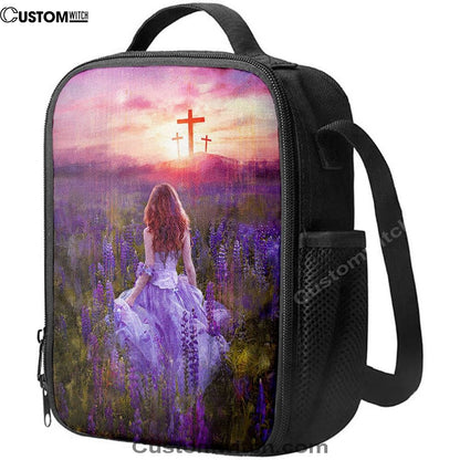 Beautiful Girl In The Lavender Field Cross Lunch Bag, Christian Lunch Bag For School, Picnic, Religious Lunch Bag