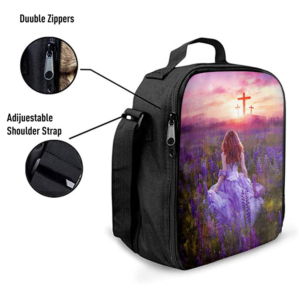 Beautiful Girl In The Lavender Field Cross Lunch Bag, Christian Lunch Bag For School, Picnic, Religious Lunch Bag