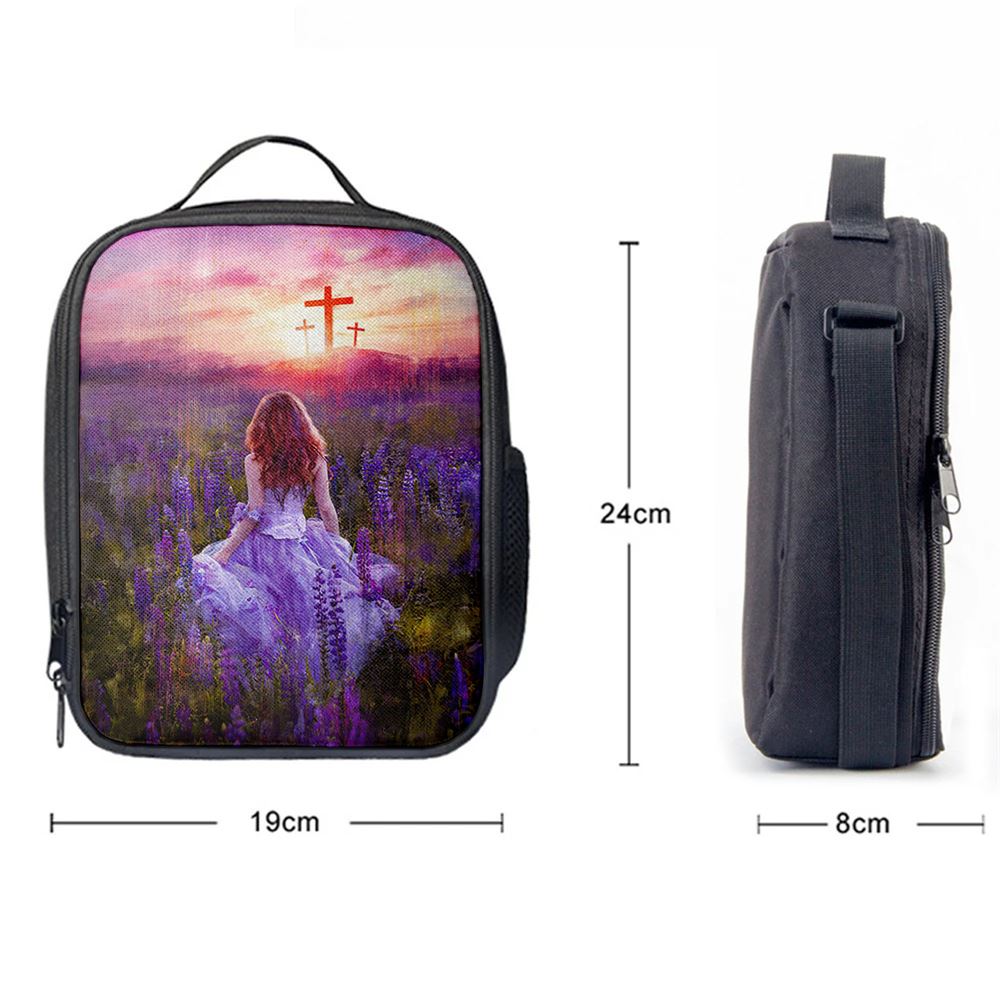 Beautiful Girl In The Lavender Field Cross Lunch Bag, Christian Lunch Bag For School, Picnic, Religious Lunch Bag