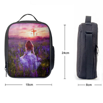 Beautiful Girl In The Lavender Field Cross Lunch Bag, Christian Lunch Bag For School, Picnic, Religious Lunch Bag