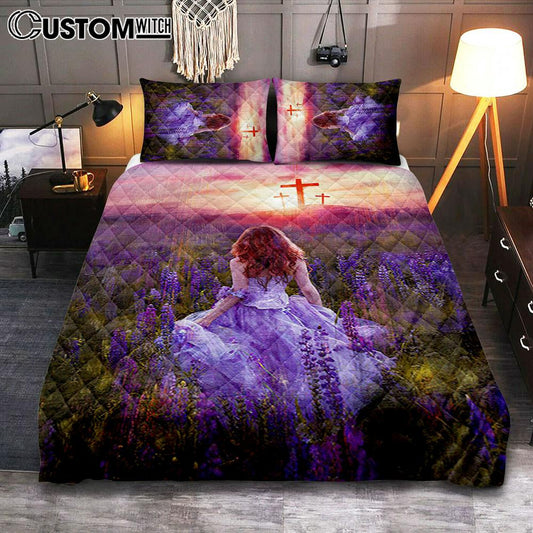 Beautiful Girl In The Lavender Field Cross Quilt Bedding Set Bedroom - Christian Quilt Bedding Set Prints - Bible Verse Quilt Bedding Set Art