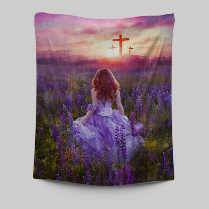 Beautiful Girl In The Lavender Field Cross Tapestry Wall Art - Christian Tapestries Prints - Bible Verse Tapestry Art