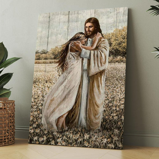 Beautiful Girl, Jesus Hug, Flower Field Canvas, Christmas Gift for Christian