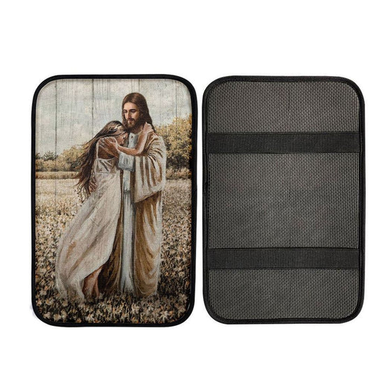 Beautiful Girl, Jesus Hug, Flower Field Car Center Console Cover, Car Armrest Pad, Christian Gift, Armrest Box Mat