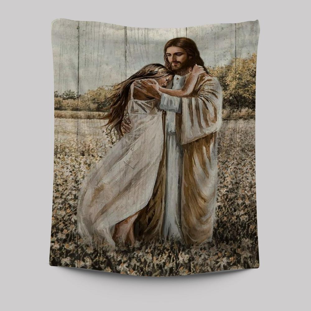 Beautiful Girl, Jesus Hug, Flower Field Tapestry
