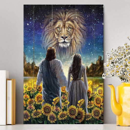Beautiful Girl Lion Walking With Jesus Sunflower Field Canvas Art - Christian Art - Bible Verse Wall Art - Religious Home Decor