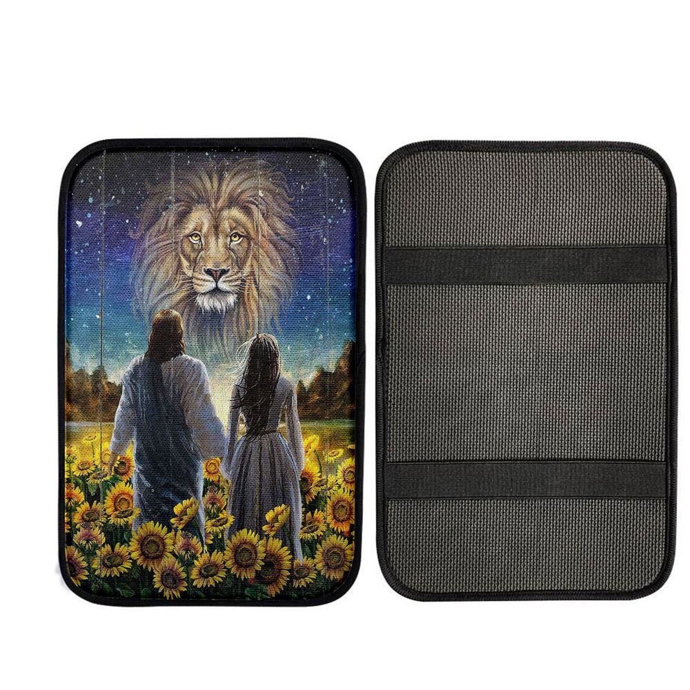 Beautiful Girl Lion Walking With Jesus Sunflower Field Car Center Console Cover, Christian Car Armrest Cover