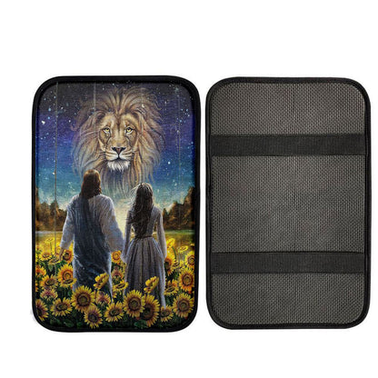 Beautiful Girl Lion Walking With Jesus Sunflower Field Car Center Console Cover, Christian Car Armrest Cover