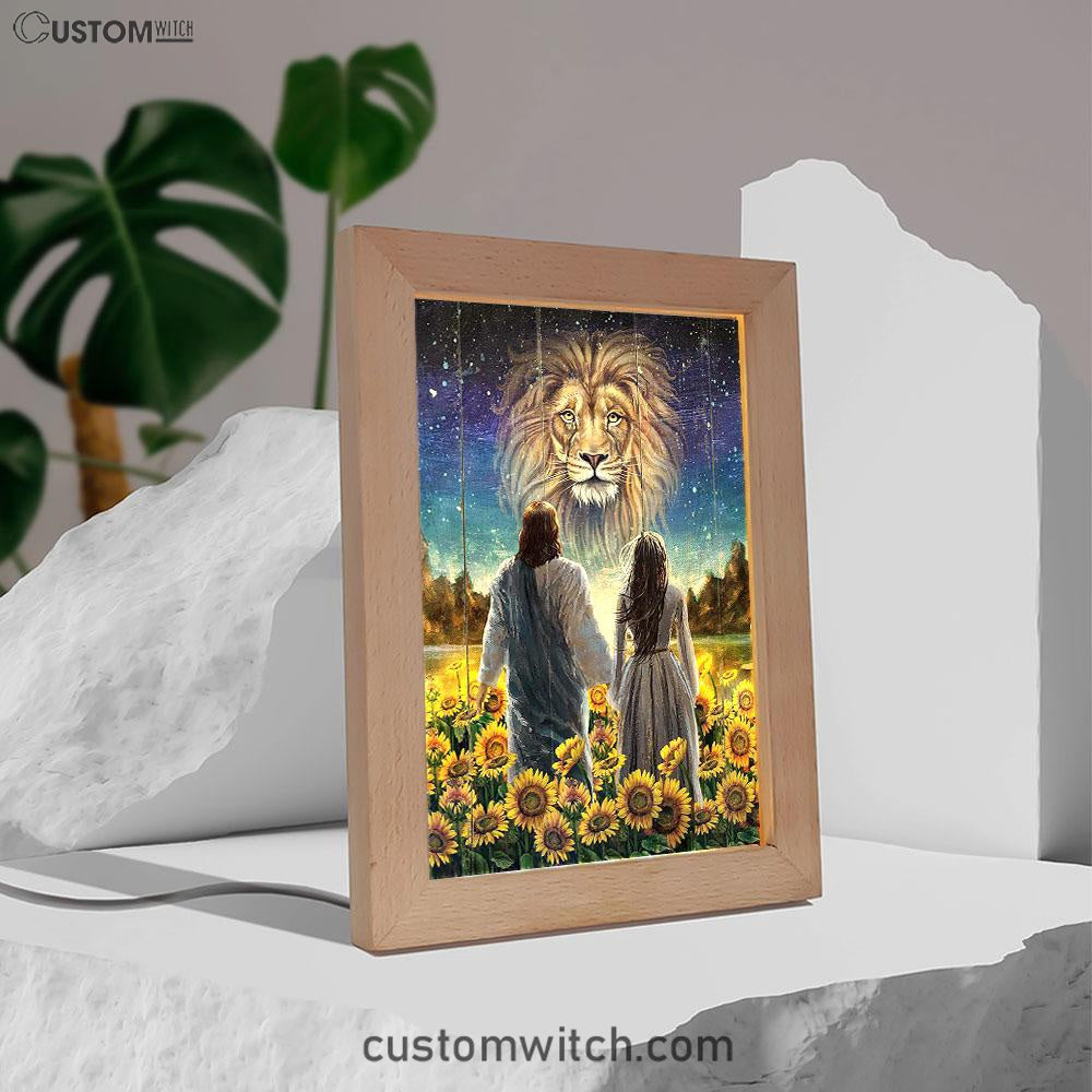 Beautiful Girl Lion Walking With Jesus Sunflower Field Frame Lamp Art - Christian Art - Bible Verse Art - Religious Home Decor