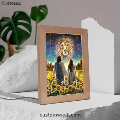 Beautiful Girl Lion Walking With Jesus Sunflower Field Frame Lamp Art - Christian Art - Bible Verse Art - Religious Home Decor