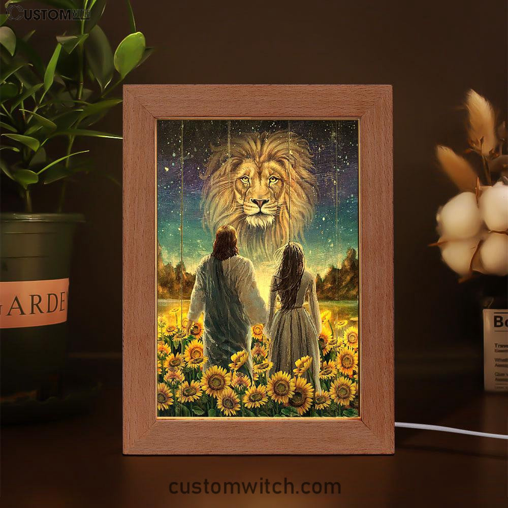 Beautiful Girl Lion Walking With Jesus Sunflower Field Frame Lamp Art - Christian Art - Bible Verse Art - Religious Home Decor