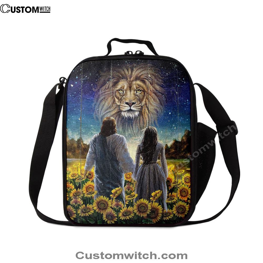 Beautiful Girl Lion Walking With Jesus Sunflower Field Lunch Bag, Christian Lunch Bag For School, Picnic, Religious Lunch Bag