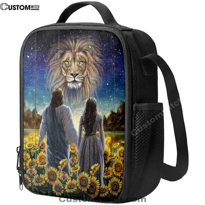 Beautiful Girl Lion Walking With Jesus Sunflower Field Lunch Bag, Christian Lunch Bag For School, Picnic, Religious Lunch Bag