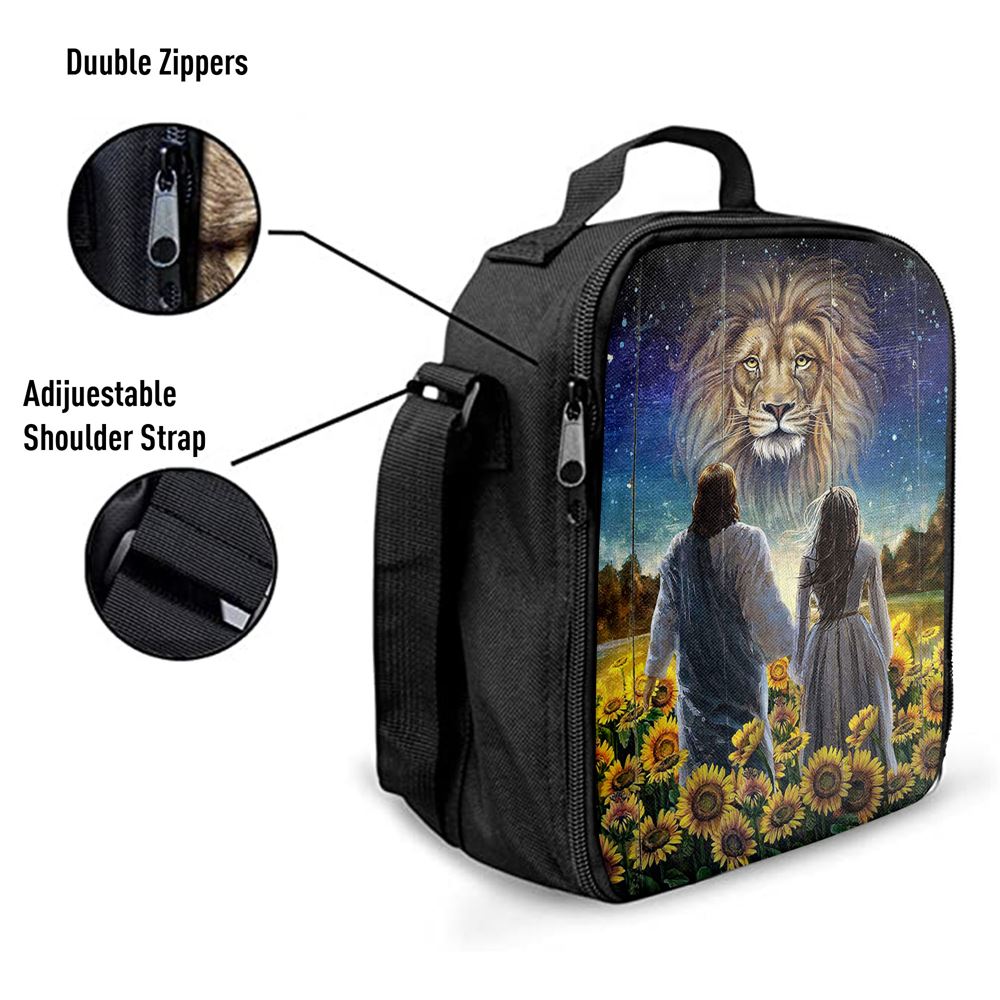 Beautiful Girl Lion Walking With Jesus Sunflower Field Lunch Bag, Christian Lunch Bag For School, Picnic, Religious Lunch Bag