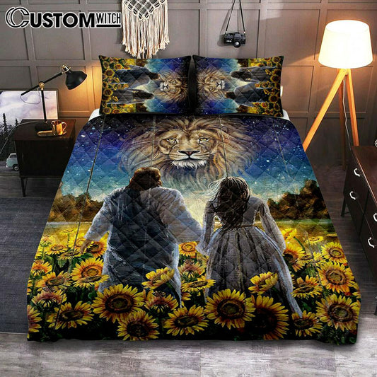 Beautiful Girl Lion Walking With Jesus Sunflower Field Quilt Bedding Set Art - Christian Art - Bible Verse Bedroom - Religious Home Decor