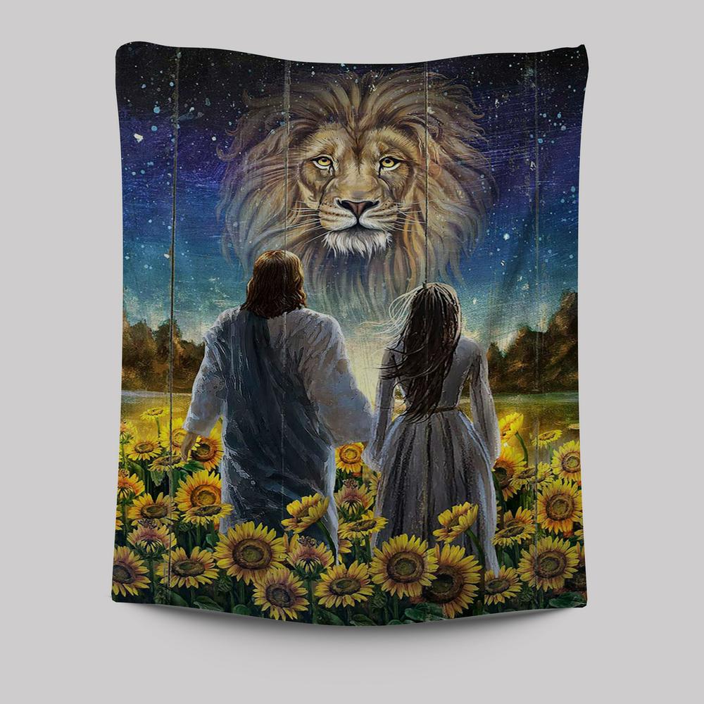 Beautiful Girl Lion Walking With Jesus Sunflower Field Tapestry Art - Christian Art - Bible Verse Wall Art - Religious Home Decor