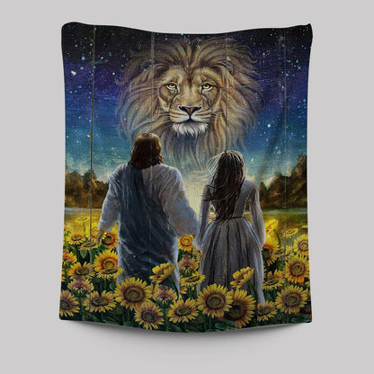 Beautiful Girl Lion Walking With Jesus Sunflower Field Tapestry Art - Christian Art - Bible Verse Wall Art - Religious Home Decor