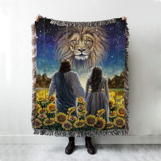 Beautiful Girl Lion Walking With Jesus Sunflower Field Woven Blanket Art - Christian Art - Bible Verse Throw Blanket - Religious Home Decor