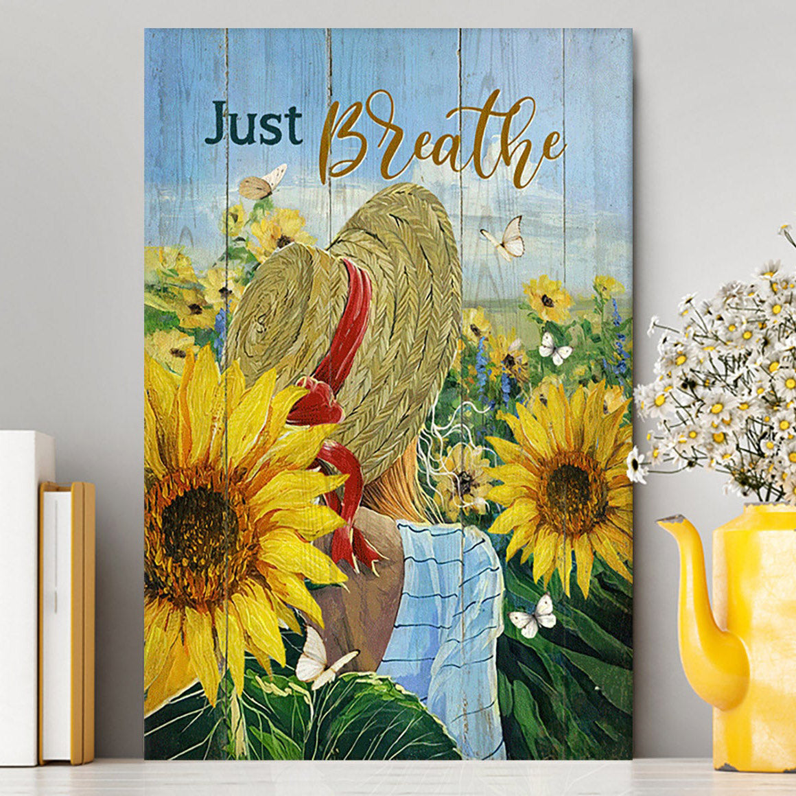 Beautiful Girl Sunflower Just Breathe Canvas Wall Art - Christian Canvas Prints - Bible Verse Canvas Art