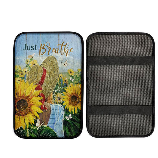 Beautiful Girl Sunflower Just Breathe Car Center Console Cover, Christian Auto Armrest Cover