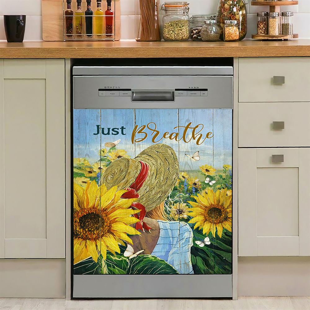 Beautiful Girl Sunflower Just Breathe Dishwasher Cover, Christian Dishwasher Magnet Cover, Bible Verse Kitchen Decor